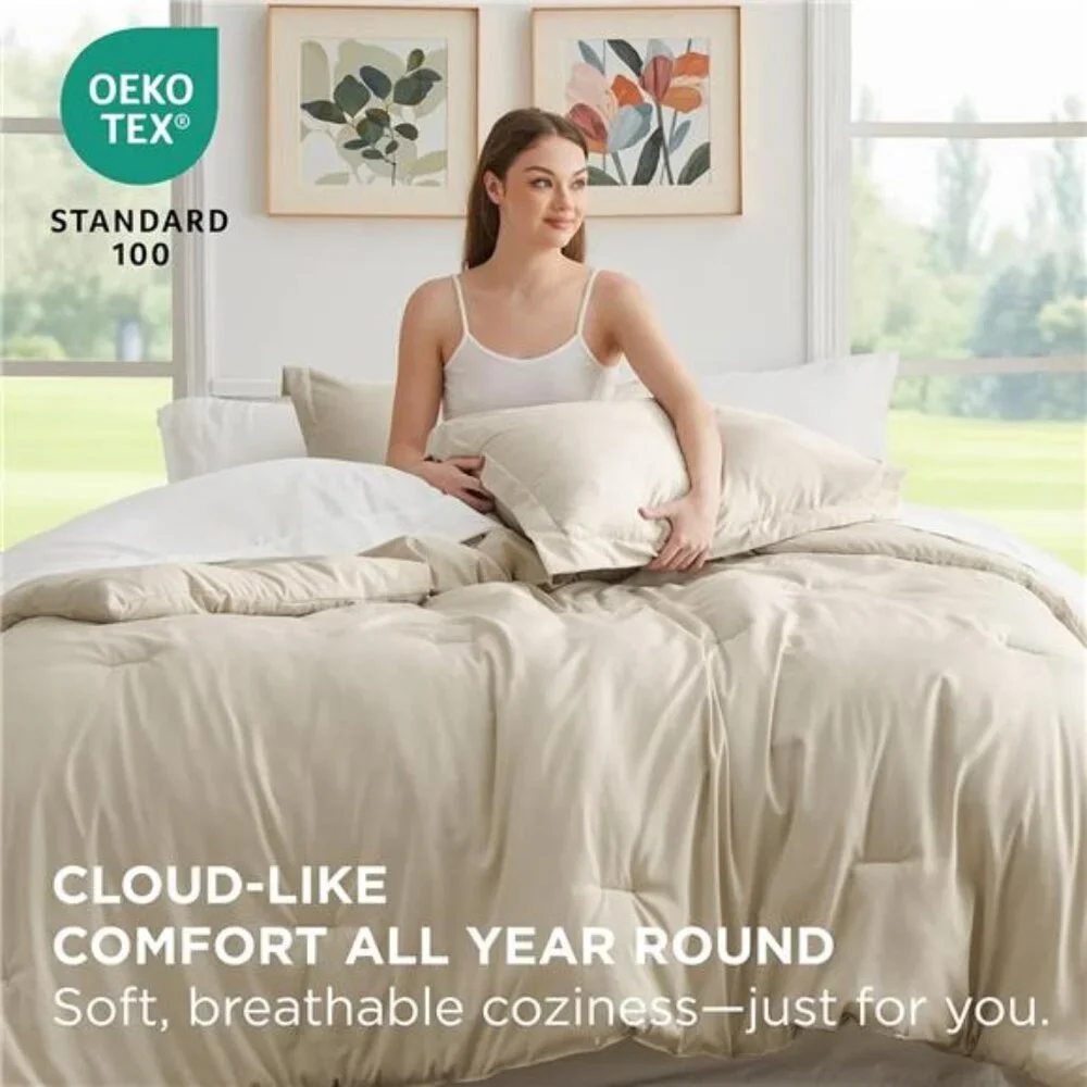 Bedsure Queen Comforter Set - 7 Pieces Beige Queen Bedding Set for All Seasons